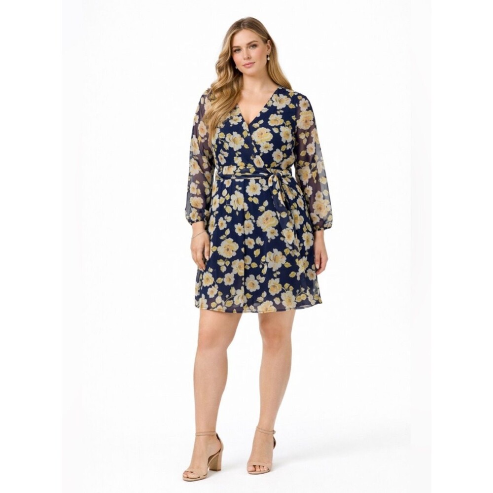 Cato Navy Floral Faux Wrap Mini Dress W/ Sheer Sleeves -SZ 14 - XL